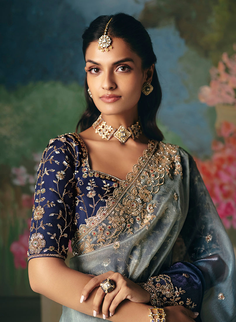 Monjolika Fashion Fancy Fabric Embroidered Saree in Blue | Grocsy
