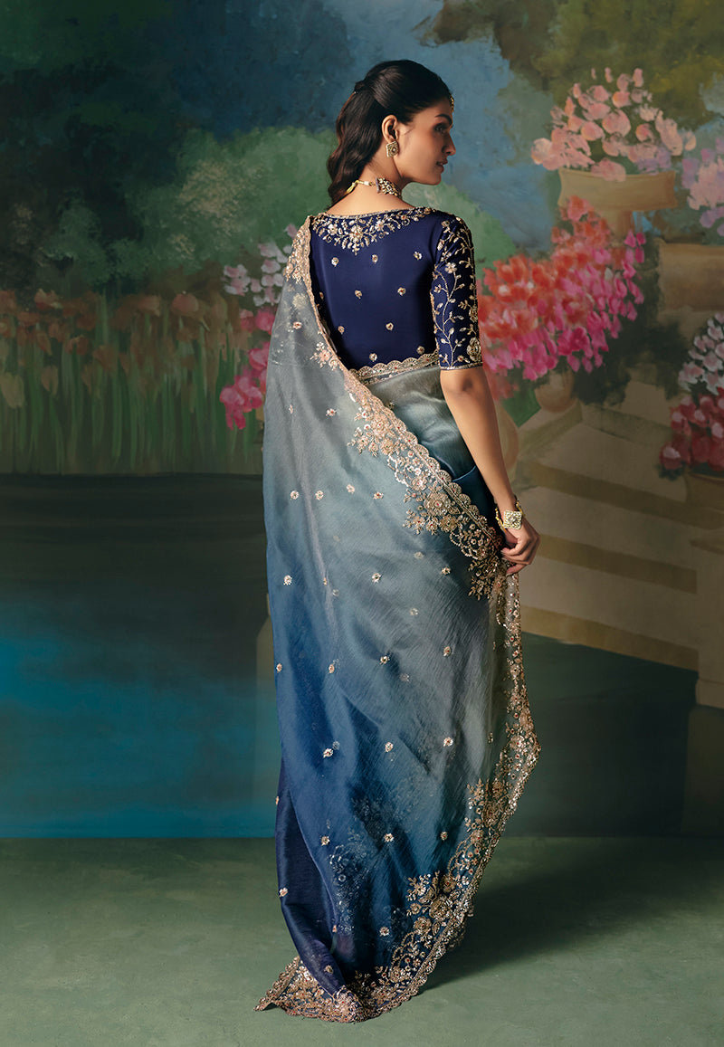 Monjolika Fashion Fancy Fabric Embroidered Saree in Blue | Grocsy