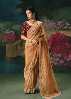 Monjolika Fashion Fancy Fabric Embroidered Saree in Peach | Grocsy