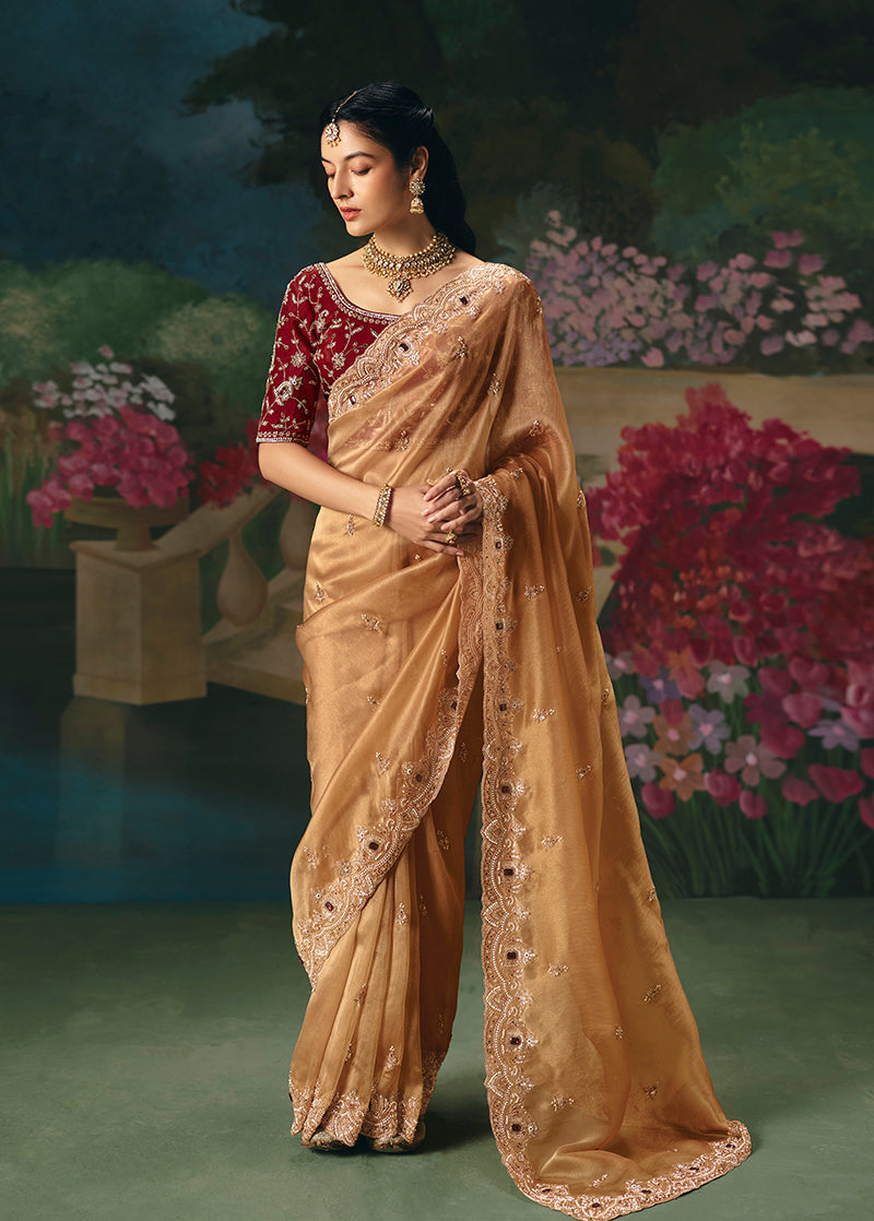 Monjolika Fashion Fancy Fabric Embroidered Saree in Peach | Grocsy