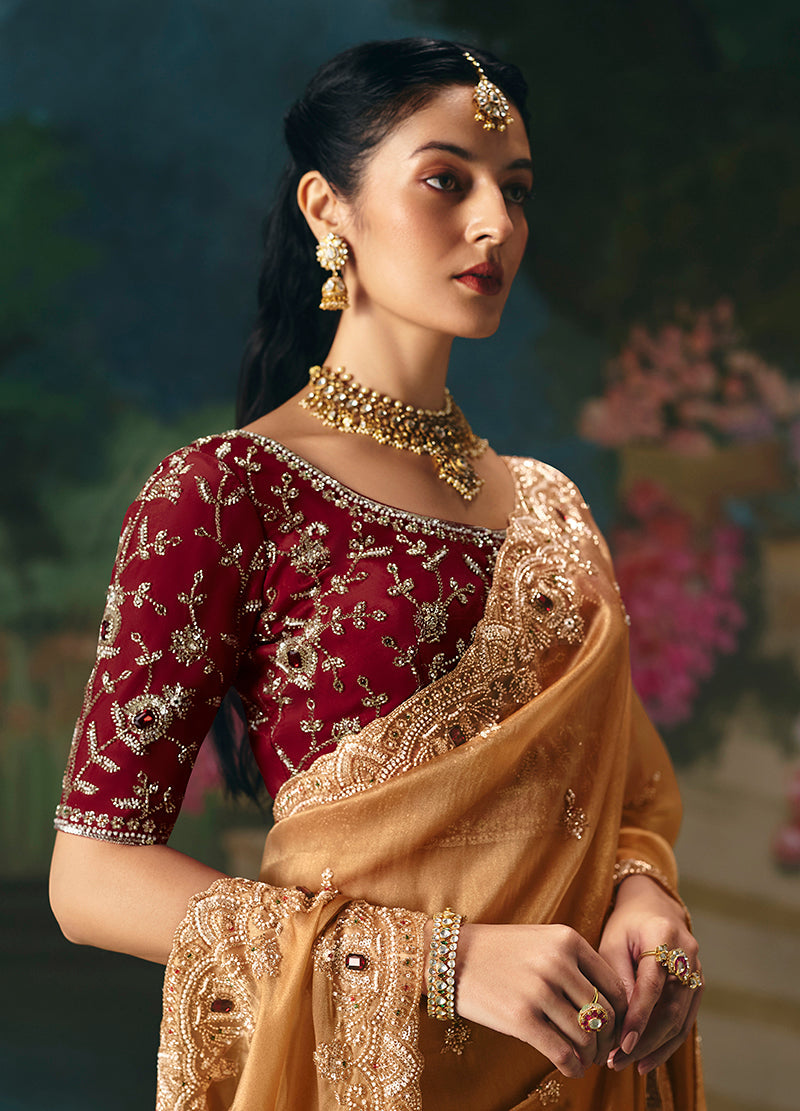 Monjolika Fashion Fancy Fabric Embroidered Saree in Peach | Grocsy