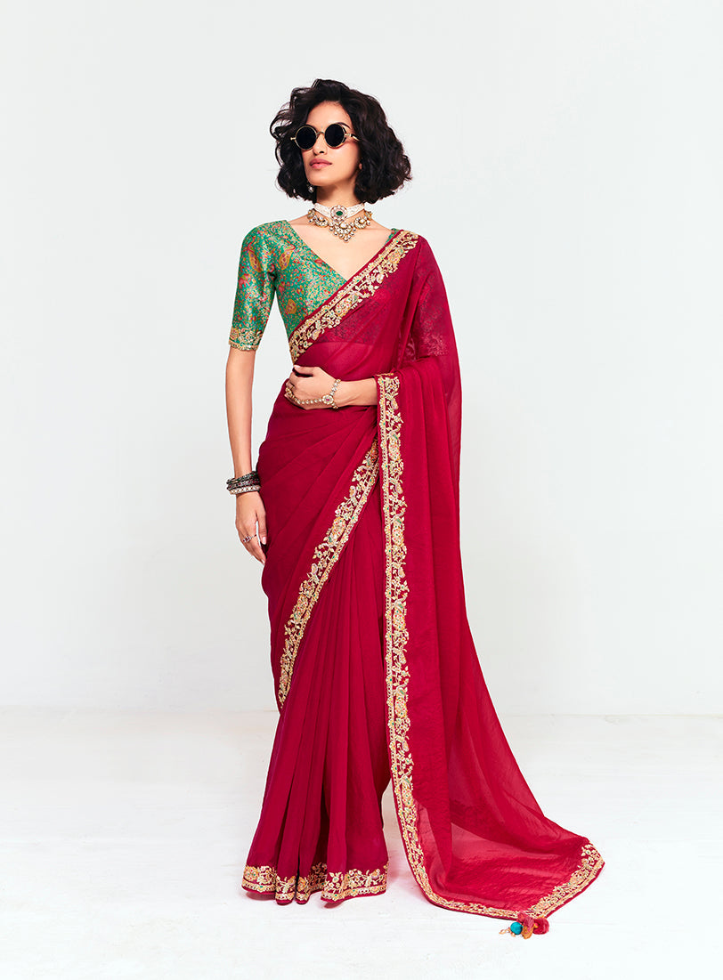 Monjolika Fashion Fancy Fabric Embroidered Crimson Red Saree | Grocsy