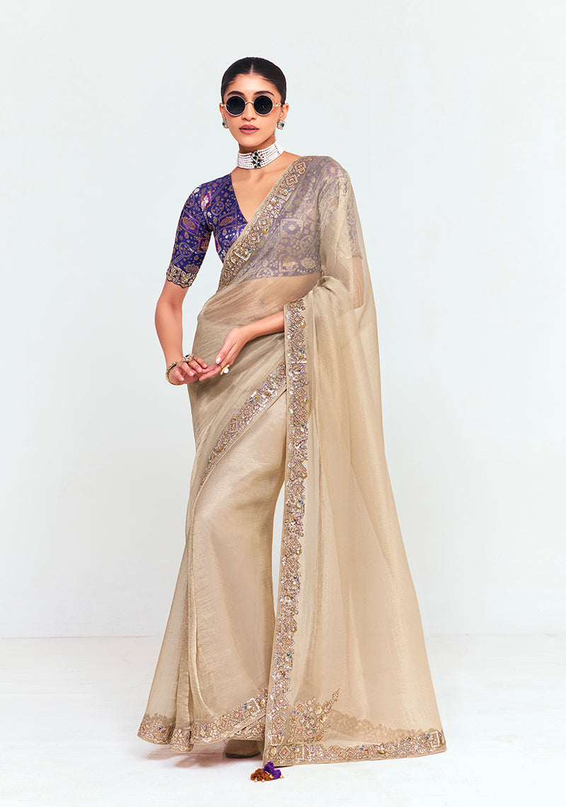 Monjolika Fashion Fancy Fabric Embroidered Beige Saree | Grocsy