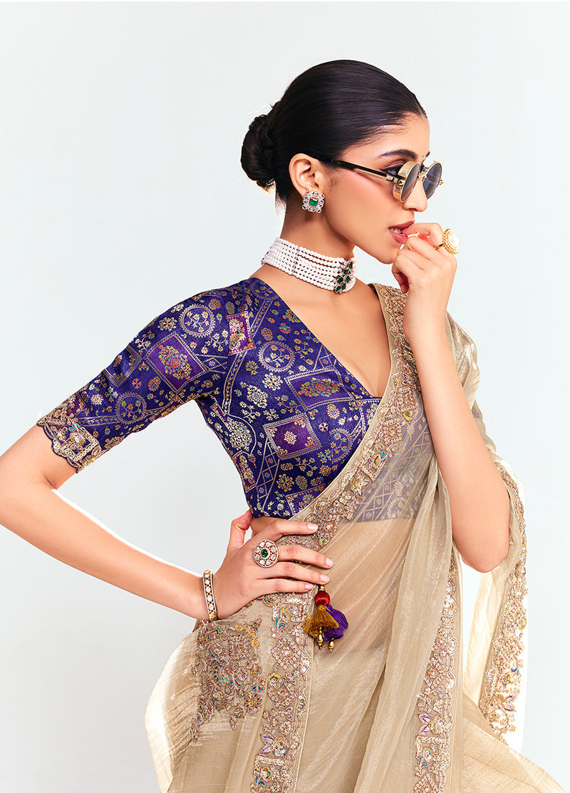 Monjolika Fashion Fancy Fabric Embroidered Beige Saree | Grocsy