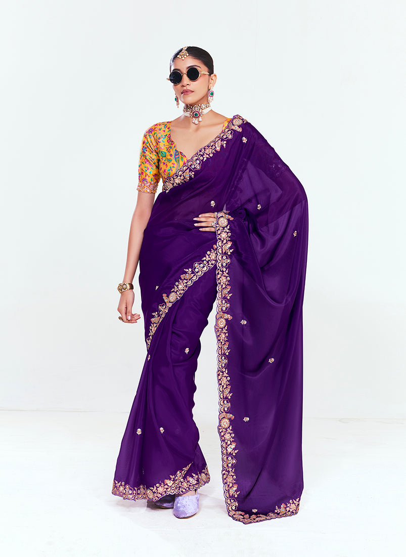 Monjolika Fashion Fancy Fabric Embroidered Purple Saree | Grocsy