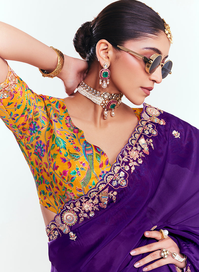Monjolika Fashion Fancy Fabric Embroidered Purple Saree | Grocsy