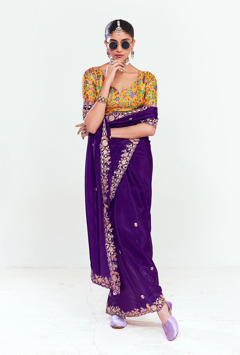 Monjolika Fashion Fancy Fabric Embroidered Purple Saree | Grocsy
