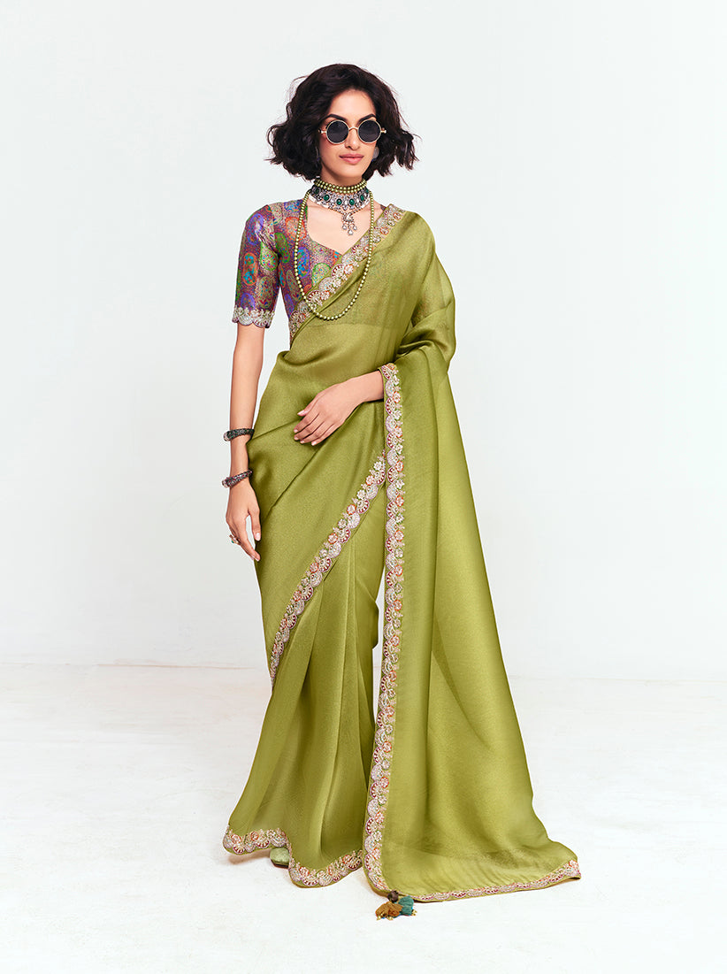Monjolika Fashion Fancy Fabric Embroidered Olive Green Saree | Grocsy
