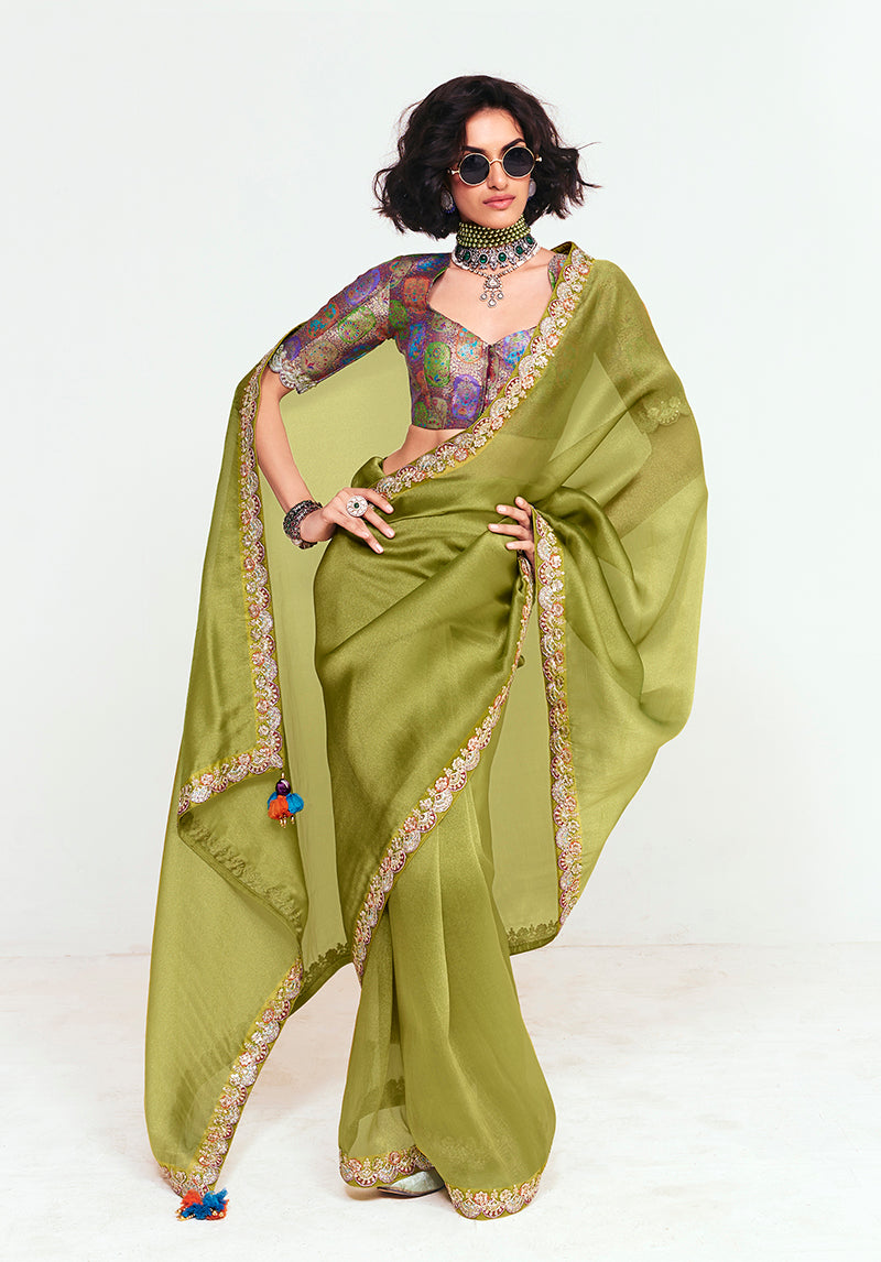 Monjolika Fashion Fancy Fabric Embroidered Olive Green Saree | Grocsy