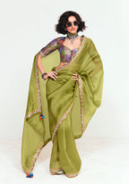 Monjolika Fashion Fancy Fabric Embroidered Olive Green Saree | Grocsy