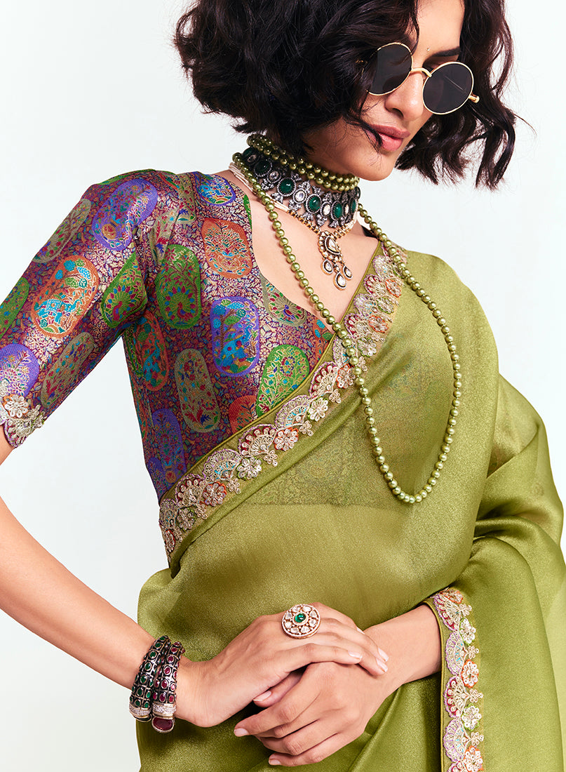 Monjolika Fashion Fancy Fabric Embroidered Olive Green Saree | Grocsy