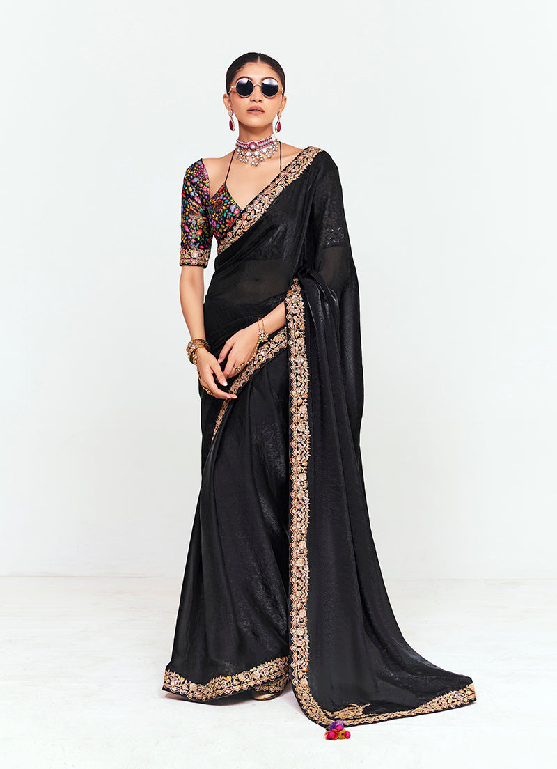 Monjolika Fashion Fancy Fabric Embroidered Black Saree | Grocsy