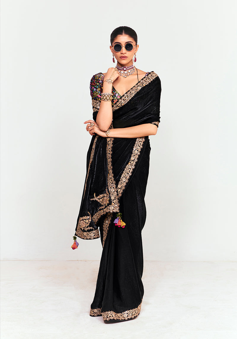 Monjolika Fashion Fancy Fabric Embroidered Black Saree | Grocsy