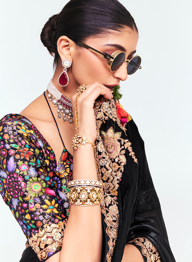 Monjolika Fashion Fancy Fabric Embroidered Black Saree | Grocsy