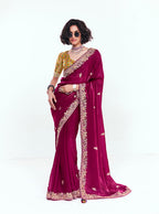 Monjolika Fashion Fancy Fabric Embroidered Rani Pink Saree | Grocsy