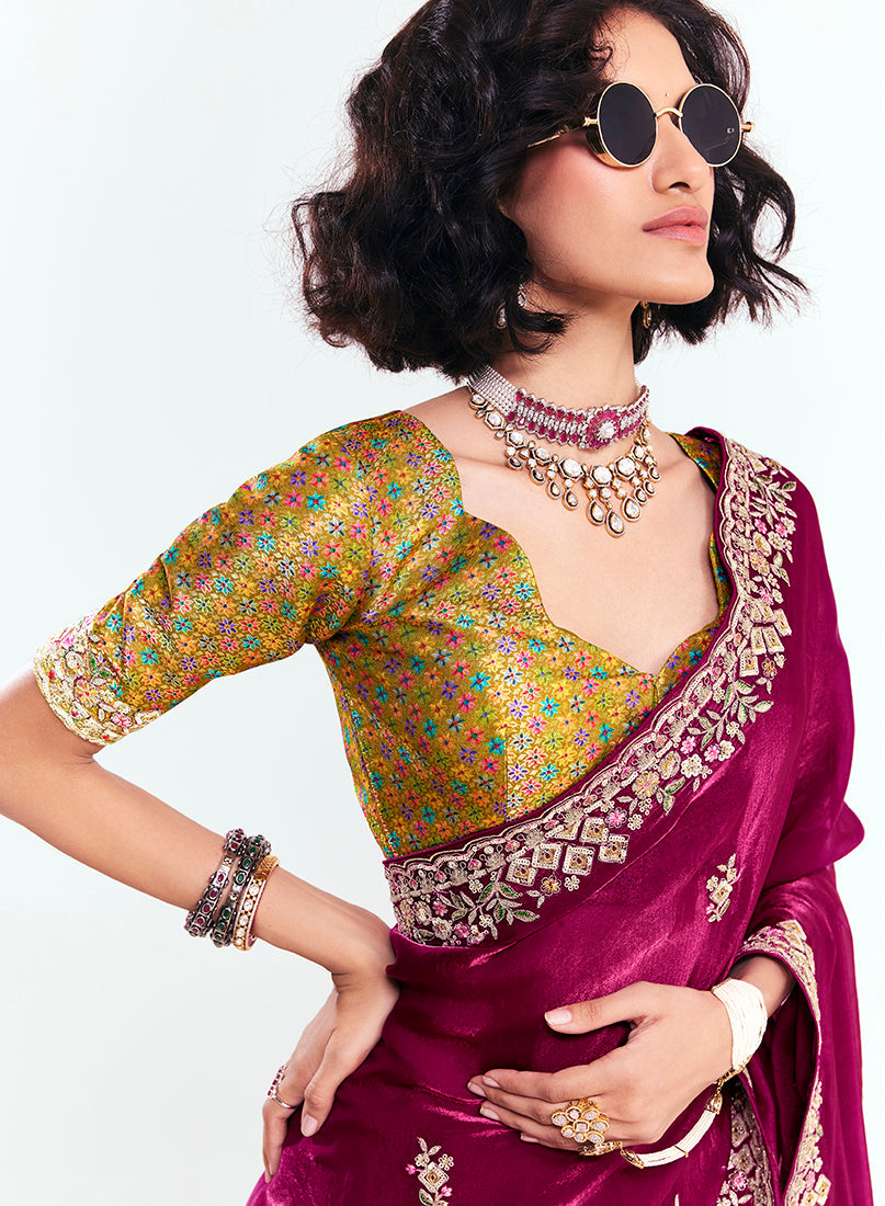 Monjolika Fashion Fancy Fabric Embroidered Rani Pink Saree | Grocsy