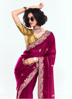 Monjolika Fashion Fancy Fabric Embroidered Rani Pink Saree | Grocsy