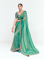 Monjolika Fashion Fancy Fabric Embroidered Sea Green Saree | Grocsy