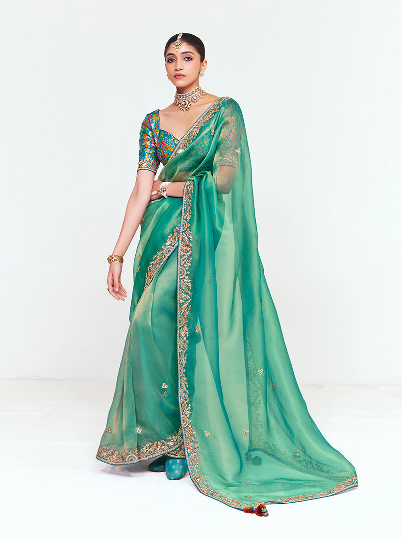 Monjolika Fashion Fancy Fabric Embroidered Sea Green Saree | Grocsy