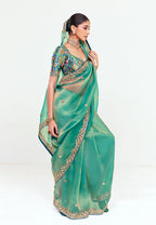 Monjolika Fashion Fancy Fabric Embroidered Sea Green Saree | Grocsy