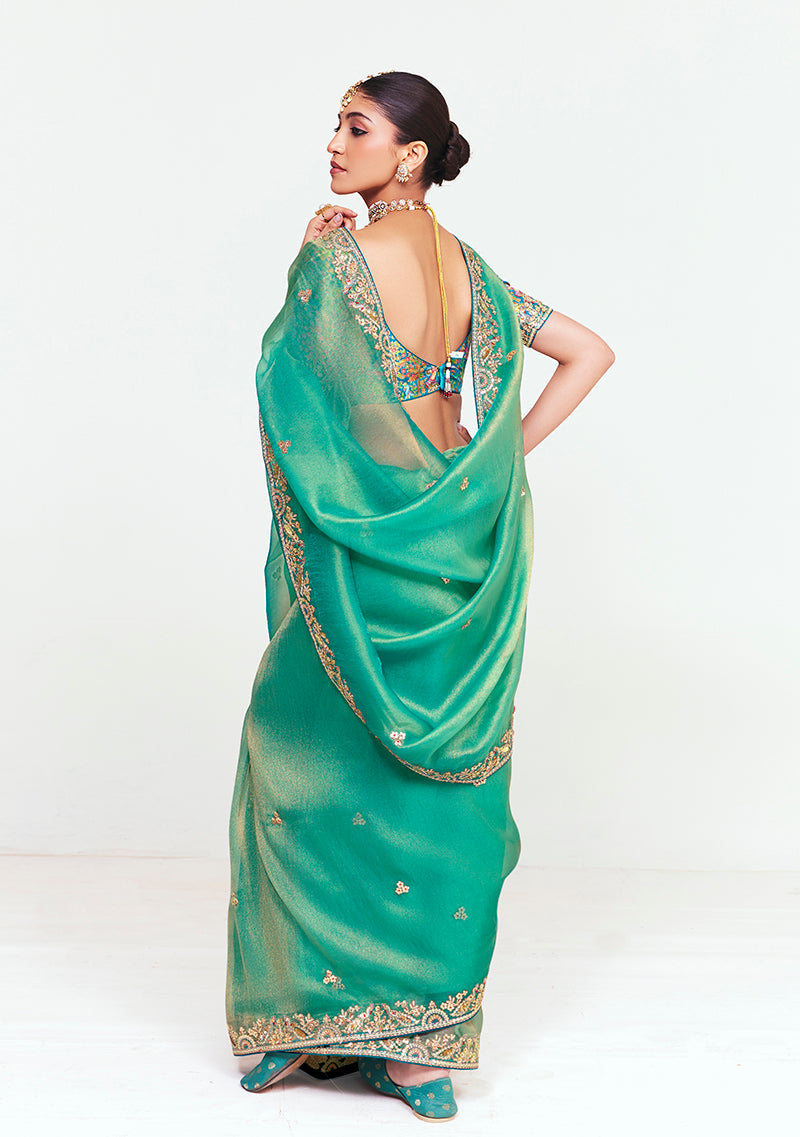 Monjolika Fashion Fancy Fabric Embroidered Sea Green Saree | Grocsy
