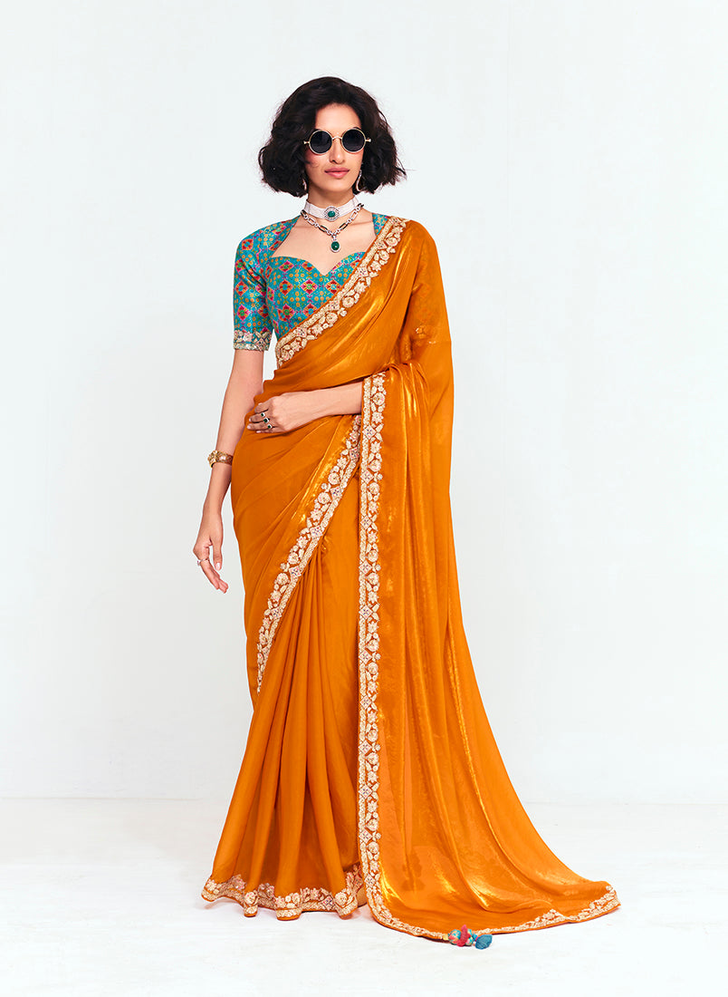 Monjolika Fashion Fancy Fabric Embroidered Orange Saree | Grocsy