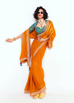 Monjolika Fashion Fancy Fabric Embroidered Orange Saree | Grocsy