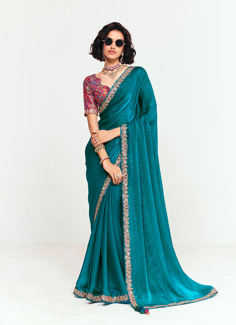 Monjolika Fashion Fancy Fabric Embroidered Teal Saree | Grocsy