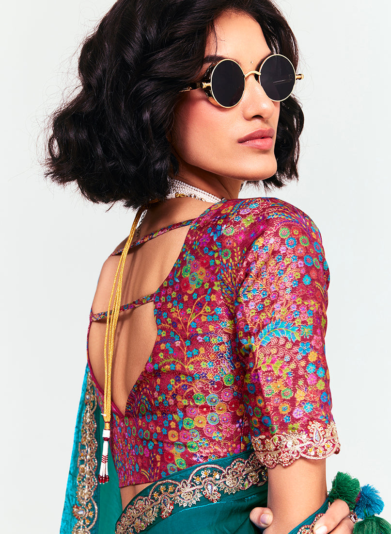 Monjolika Fashion Fancy Fabric Embroidered Teal Saree | Grocsy