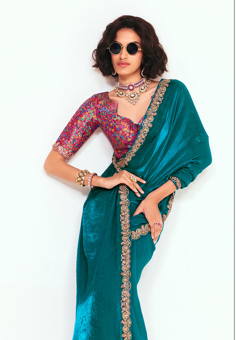 Monjolika Fashion Fancy Fabric Embroidered Teal Saree | Grocsy