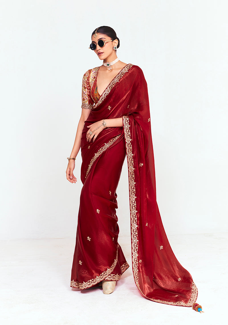 Monjolika Fashion Fancy Fabric Embroidered Maroon Saree | Grocsy