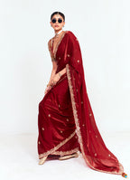 Monjolika Fashion Fancy Fabric Embroidered Maroon Saree | Grocsy
