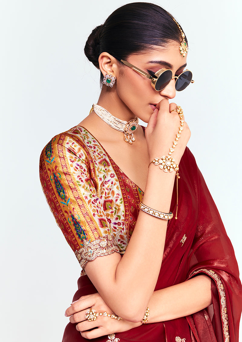 Monjolika Fashion Fancy Fabric Embroidered Maroon Saree | Grocsy