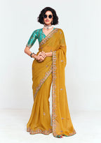 Monjolika Fashion Fancy Fabric Embroidered Mustard Saree | Grocsy