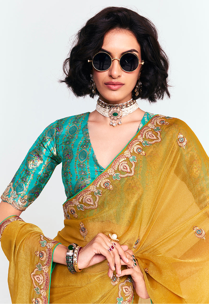 Monjolika Fashion Fancy Fabric Embroidered Mustard Saree | Grocsy