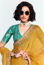 Monjolika Fashion Fancy Fabric Embroidered Mustard Saree | Grocsy