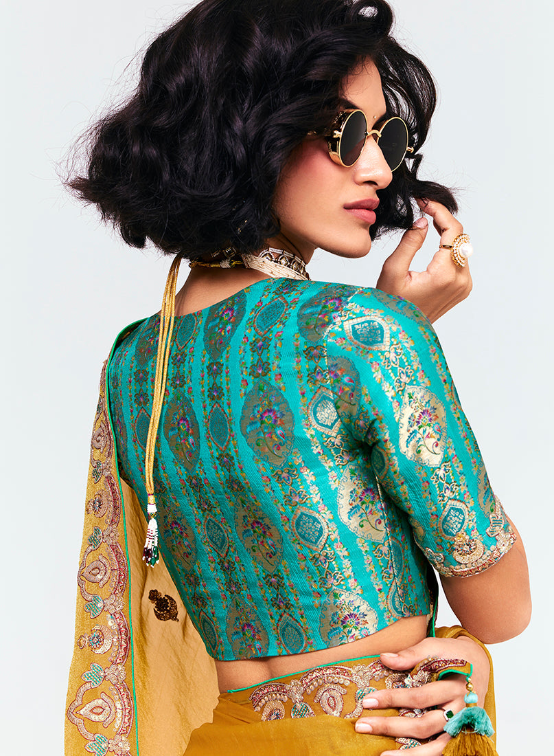 Monjolika Fashion Fancy Fabric Embroidered Mustard Saree | Grocsy