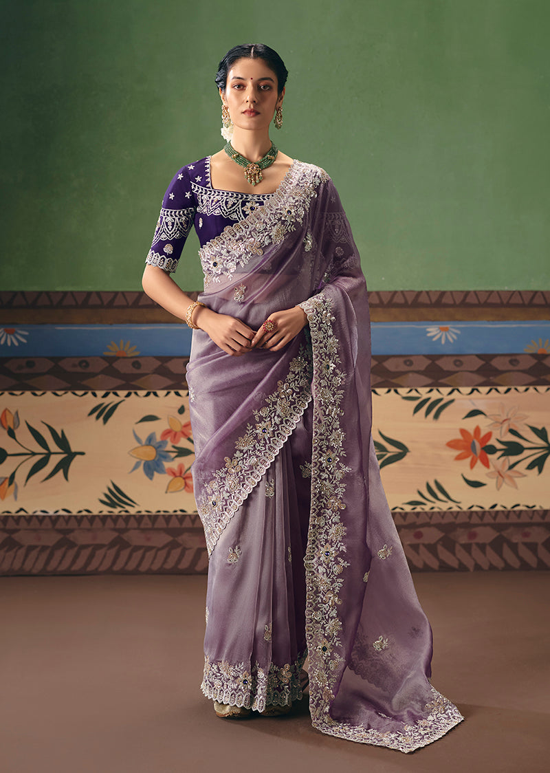 Monjolika Fashion Lilac Fancy Fabric Embroidered Saree | Grocsy