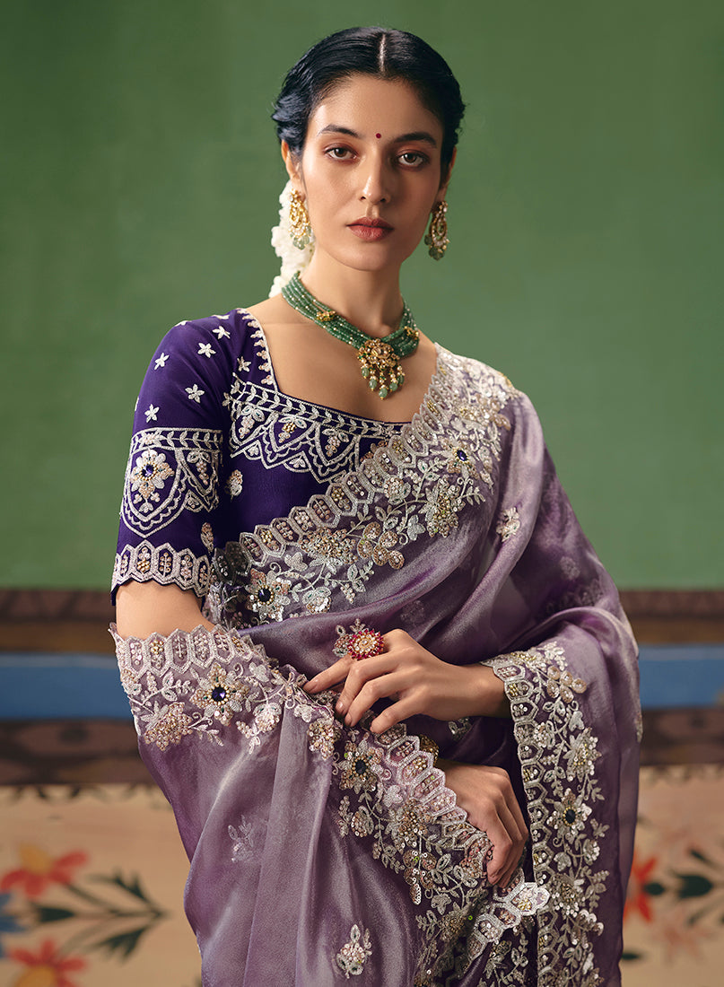 Monjolika Fashion Lilac Fancy Fabric Embroidered Saree | Grocsy