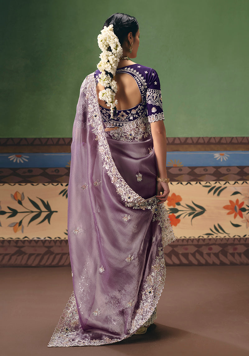 Monjolika Fashion Lilac Fancy Fabric Embroidered Saree | Grocsy