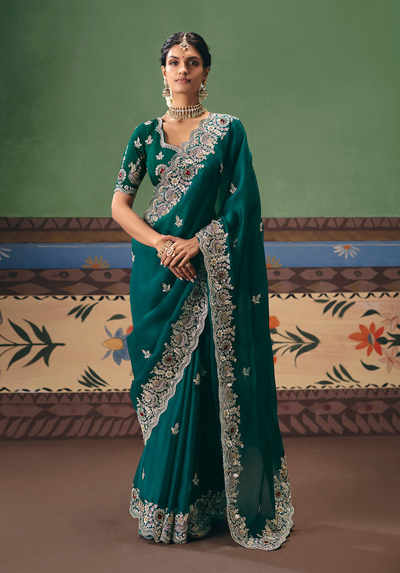Monjolika Fashion Teal Fancy Fabric Embroidered Saree | Grocsy