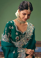 Monjolika Fashion Teal Fancy Fabric Embroidered Saree | Grocsy