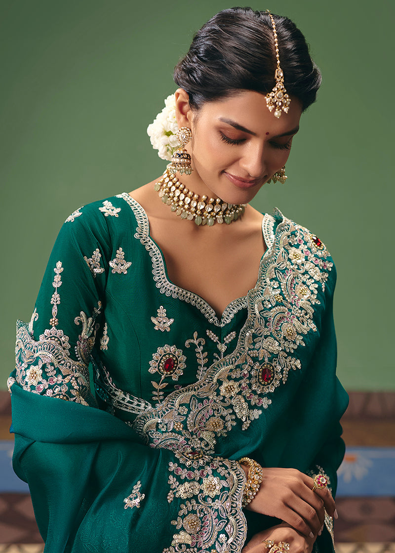 Monjolika Fashion Teal Fancy Fabric Embroidered Saree | Grocsy