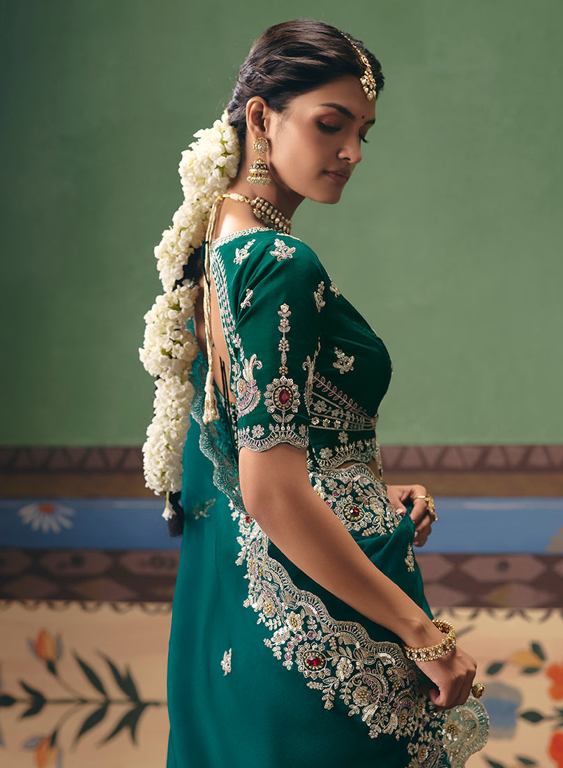 Monjolika Fashion Teal Fancy Fabric Embroidered Saree | Grocsy