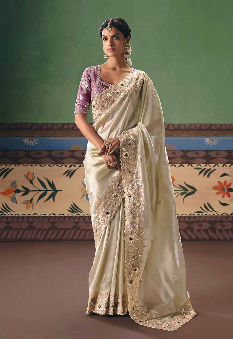 Monjolika Fashion Cream Fancy Fabric Embroidered Saree | Grocsy