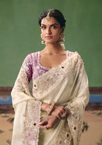 Monjolika Fashion Cream Fancy Fabric Embroidered Saree | Grocsy