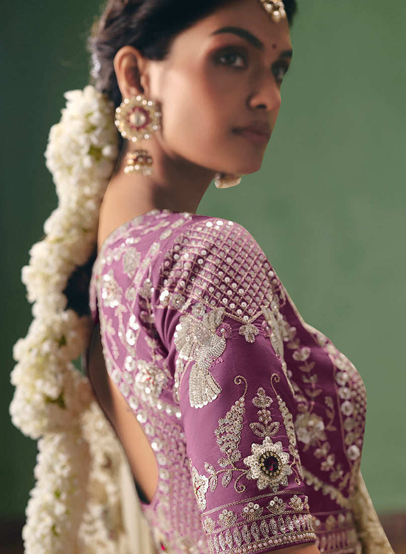 Monjolika Fashion Cream Fancy Fabric Embroidered Saree | Grocsy