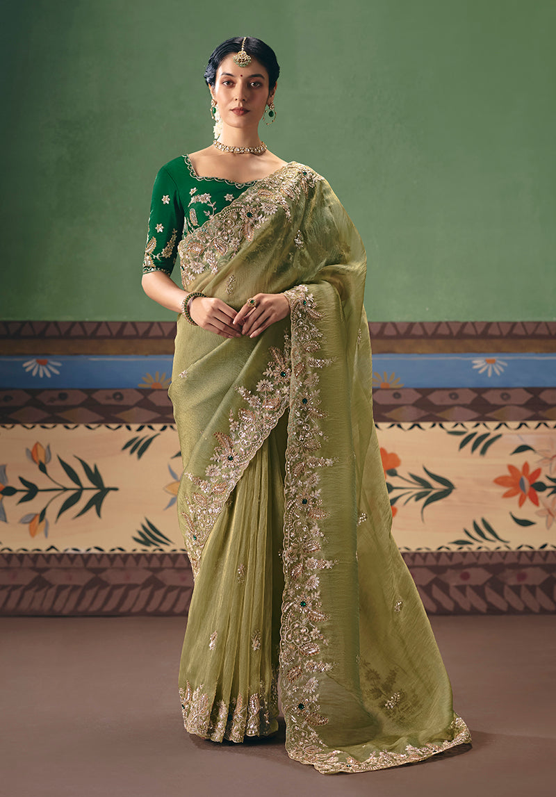 Monjolika Fashion Pista Green Fancy Fabric Embroidered Saree | Grocsy