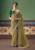 Monjolika Fashion Pista Green Fancy Fabric Embroidered Saree | Grocsy
