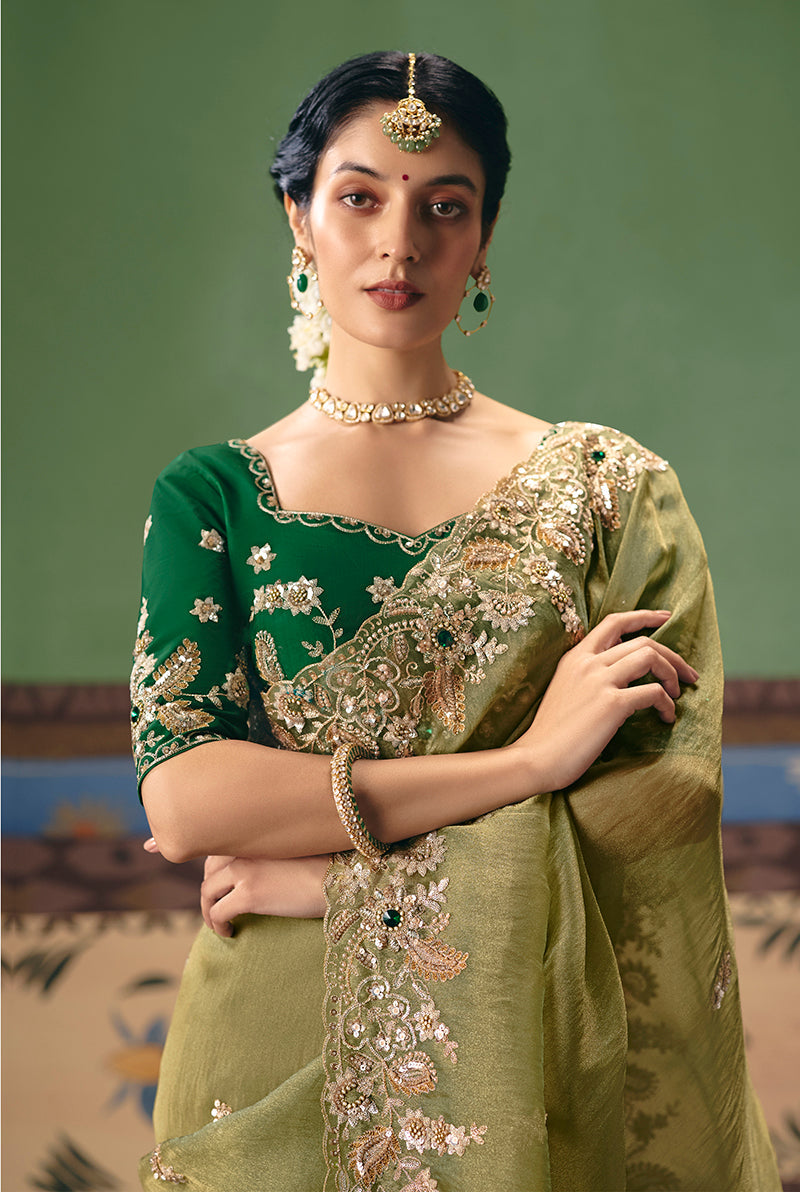 Monjolika Fashion Pista Green Fancy Fabric Embroidered Saree | Grocsy